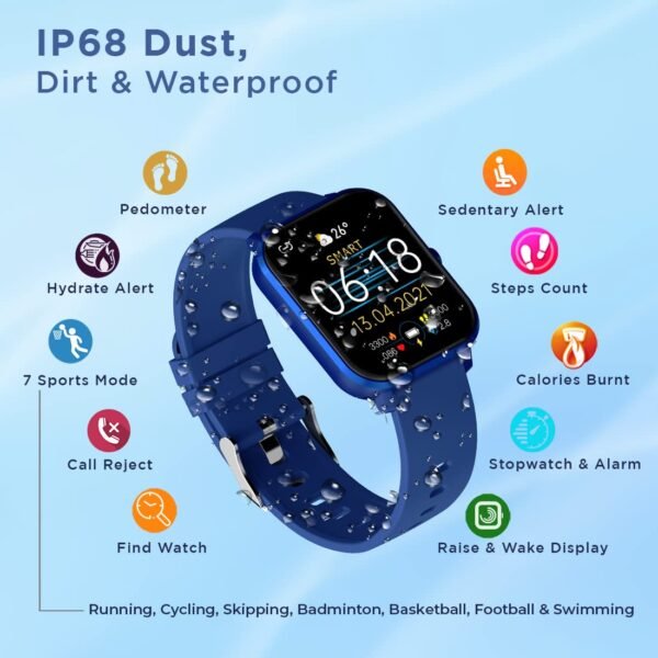 pTron Force X11 Bluetooth Calling Smartwatch with 1.7" Full Touch Color Display, Real 24/7 Heart Rate Tracking, Multiple Watch Faces, 7Days Runtime, Health/Fitness Trackers & IP68 Waterproof (Blue)