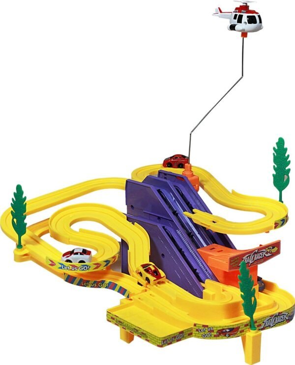 Toyshine Track Racer Racing Car Set with 4 Miniature Cars Rotating Helicopter Toy for 3-5 Year Boys Girls Kids Vehicle Toy Parking Set Game Ramp Toy