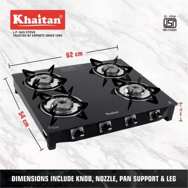 Khaitan Gas Stove Combo - One 4 Burner Active Forge Black Toughened Glass Gas Stove + 1 unit HF Dosa Tawa 250 mm + 1 unit HF Fry Pan 230 mm