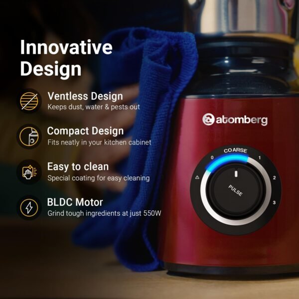 Atomberg Zenova Mixer Grinder with Unique Coarse Mode | Advanced Safety Features | 4 Jars including Chopper Jar with Hands Free Operation (Red Wine)