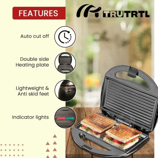 truTRTL Delight Grill Sandwich Maker Electric with Non-Stick coating Plates | 750W | Auto Cut-Off | Black