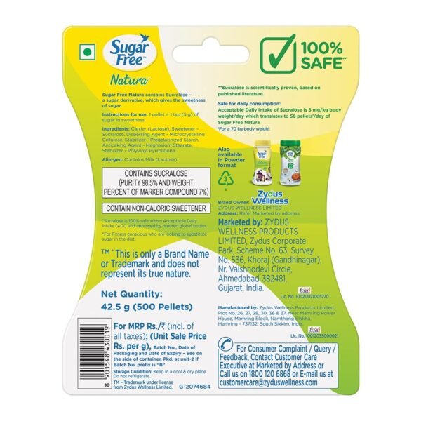 Sugar Free Natura, 500 Pellets|100% Safe| Scientifically Proven & Tested|Sweet like Sugar but with zero calories| 42.5g