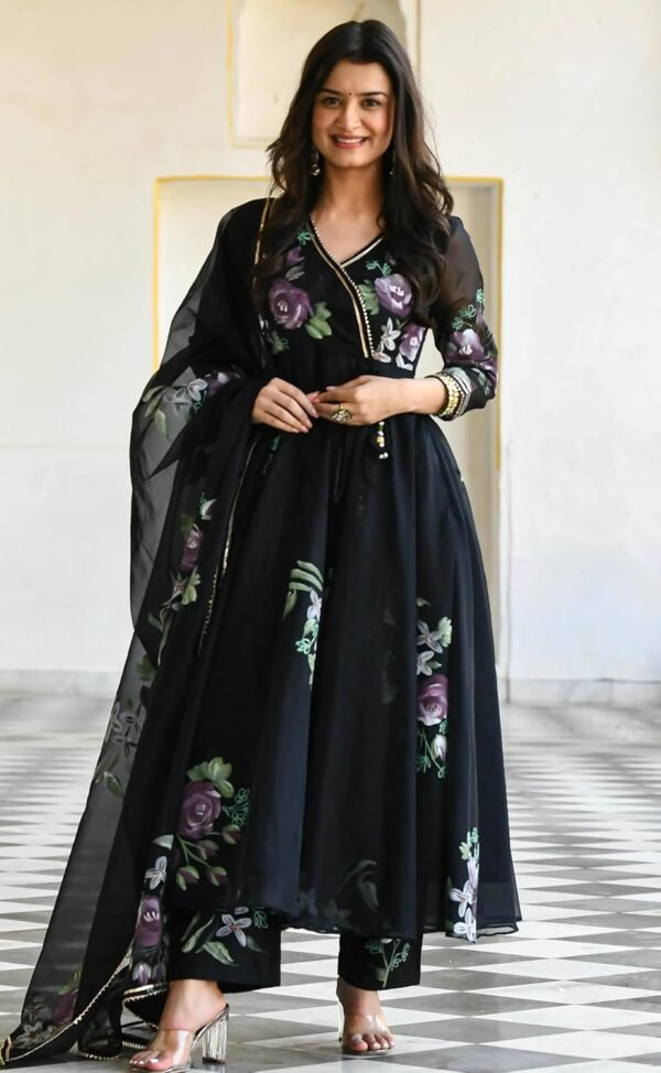 Sugathari Women's Georgette Anarkali Floral Printed Kurta with Pant & Dupatta (Dress 113)