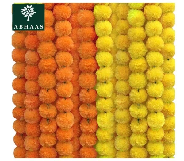 ABHAAS 10 Pcs Indian Handmade Artificial Marigold Garland Flowers for Decoration Long for Door Decoration Toran Genda Phool for Wedding/Festivals|4.2-4.9Ft| 5 Yellow + 5 Orange|10 Strings
