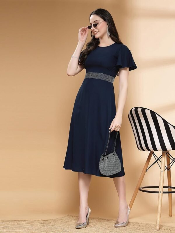 Selvia Women's Western Dress | Stone Work Flutter Sleeve Crepe Western Dress for Women | Round Neck A-Line Dress for Women | One Piece Dress for Women