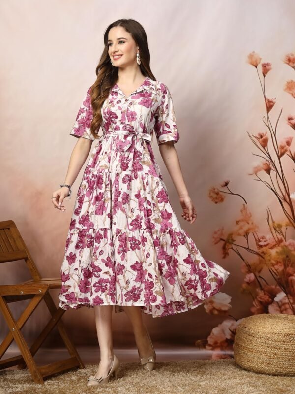 Stylum Women's Floral Printed Cotton Flared Maxi Dress (Drspinkkinnu_Baby Pink)
