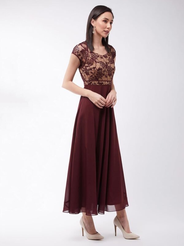Miss Chase Women's Lavender & Wine V-Neck Cap Sleeves Floral Lace Fit & Flare Maxi Dress