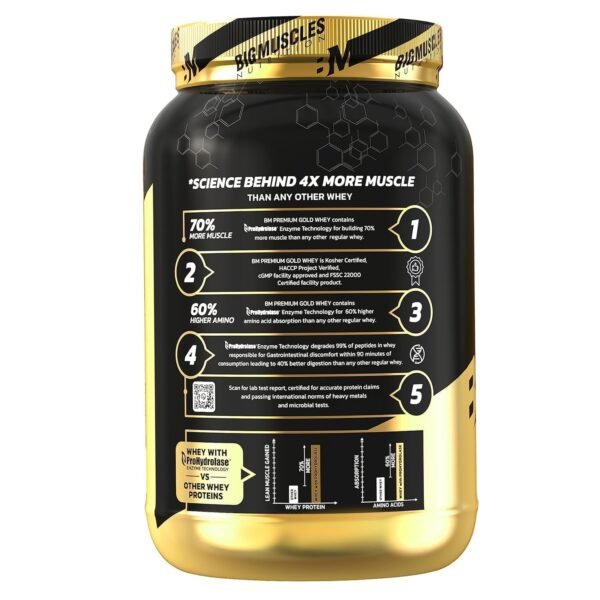 Bigmuscles Nutrition Premium Gold Whey [1Kg] | Informed Choice UK Certified | Isolate Whey Protein Blend | 25g Protein | 11g EAA | ProHydrolase Enzyme Technology [Chocolate]