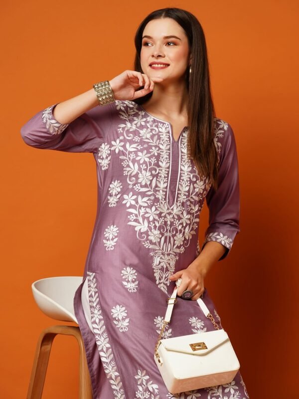 GoSriKi Women's Cotton Blend Straight Chikankari Embroidered Kurta