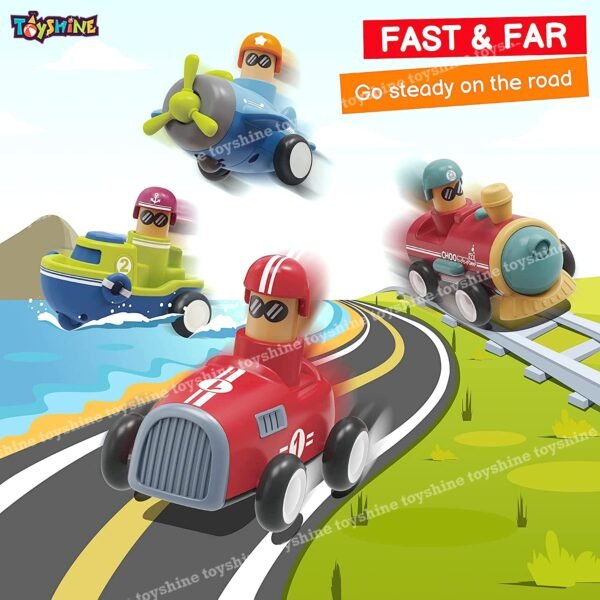 Toyshine Pack of 4 Toy Cars Push and Go Play Set Friction Powered Car Pull Back Vehicles Transport Tools Gifts for Babies Toddlers Kids Boys Girls Age 3+ Years Old (Including Car Airplane Boat Train)