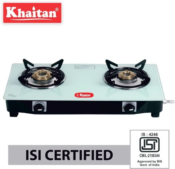 Khaitan 2 Burner Nano White Toughened Glass | LPG Cooktop I Manual Ignition | Ergonomic Knob | with 1 Year Warranty | Pan India Service | LP Gas Stove | ISI Approved (White) (2 Burner)