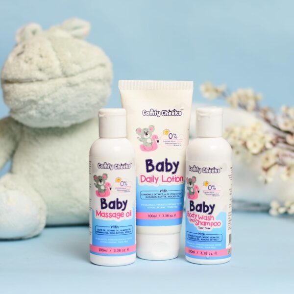 Comfy Cheeks | Organic Baby Care Combo of Baby Daily Lotion | Baby Massage Oil | Tear Free Baby Body Wash And Shampoo | Perfect For Baby| Age 0 to 10 yrs | Combo of 3 Products