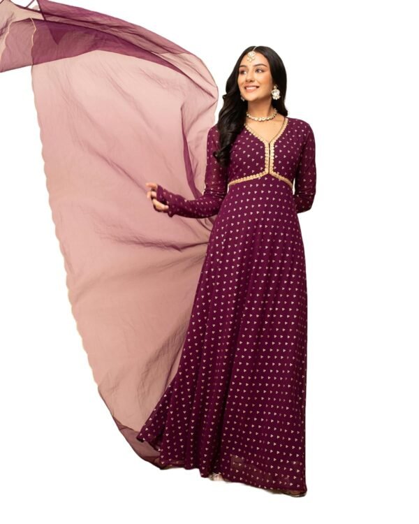 FIORRA Women's Wine Georgette Printed Gown with Dupatta