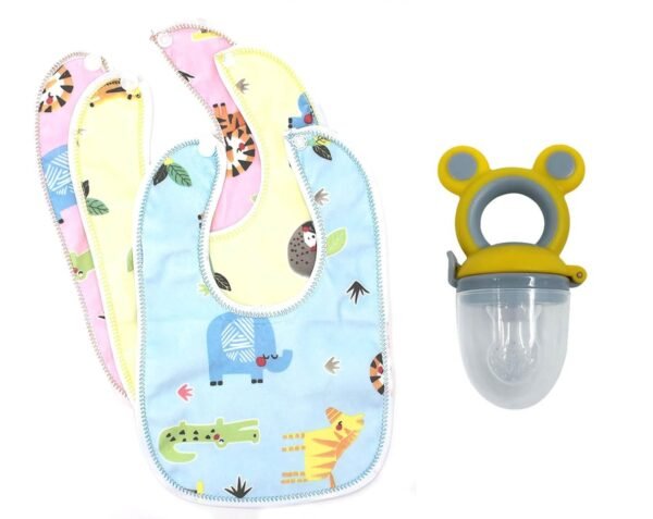 The Cheeky Kidzz Baby Silcone Fruit Vegetable Nibbler Soother Attractive Print Teether Musical Rattle Pacifier BPA Free with Essential Babycare Showergift Combo Set (Design 367)