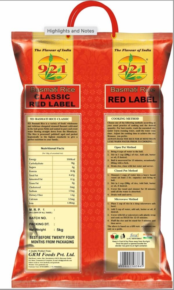 921 Classic Red Label Extra Long Grain Biryani Rice, 5 Kg