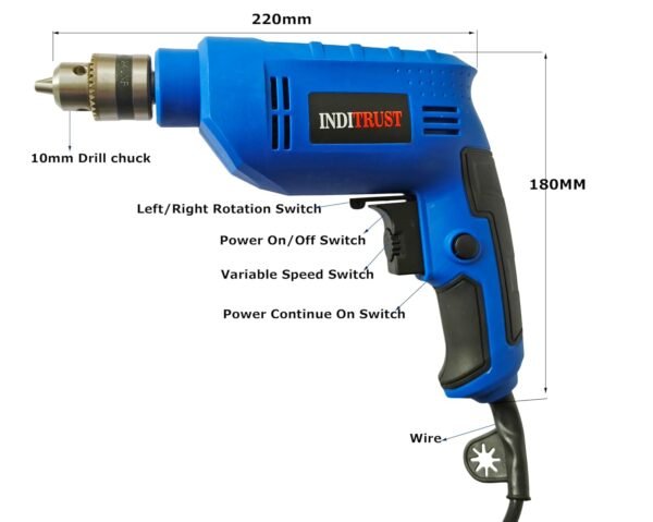 Inditrust New 6 Month Warranty 10mm Reversible Electric drill machine 450 W with 1pc Masonry 5pc Wood 6pc Hole saw 13pc HSS Woo Drill bit set (Pack of 5) Pistol Grip Drill (BLUE) 100% Copper Winding