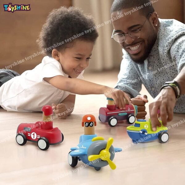 Toyshine Pack of 4 Toy Cars Push and Go Play Set Friction Powered Car Pull Back Vehicles Transport Tools Gifts for Babies Toddlers Kids Boys Girls Age 3+ Years Old (Including Car Airplane Boat Train)