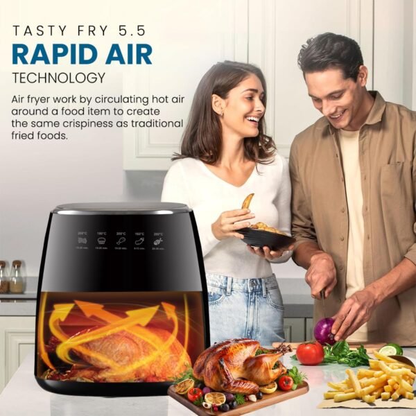 Inalsa Air Fryer For Home|5.5 L Capacity|1600 W With Smart Aircrisp Technology|Quick Heat Circulation|4-In-1 Appliance With 8 Preset Menu & Digital Display,Tasty Fry 5.5, Black