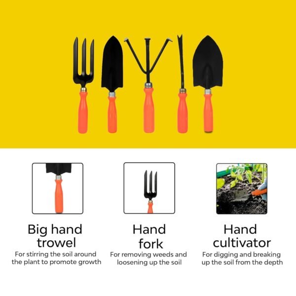 Ocean Mart- Gardening Hand Tools Set - 5 Pieces (Cultivator, Big and Small Trowel, Weeder, Fork) | Tools for Home Garden | Durable Plant Tool Kit | Farming Tools