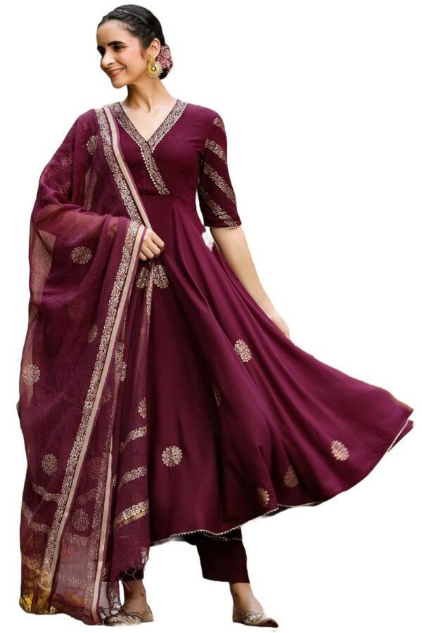 GoSriKi Women's Cotton Blend Printed Anarkali Kurta with Pant & Dupatta