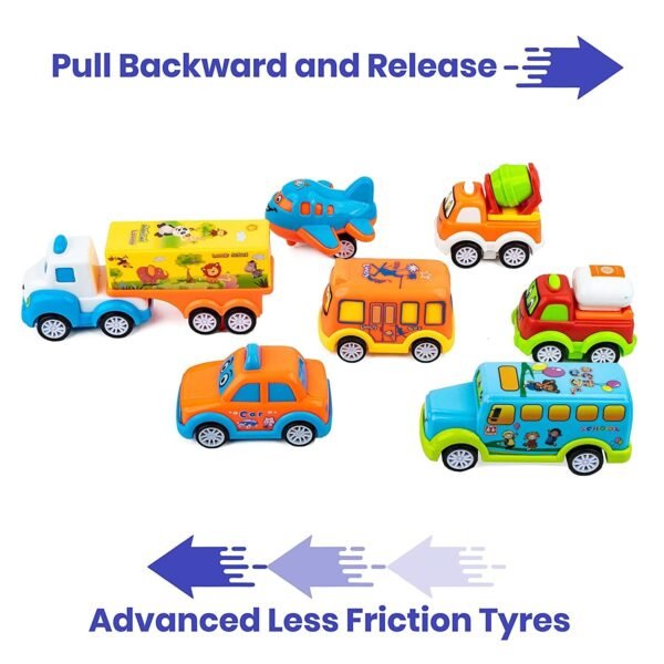 Sky Tech® Fun Auto Unbreakable Car Set Pull Back Transport Vehicles Push and Go Crawling Toy for Kids & Children, Power Friction Cars Pull Back for 2+ Years Boys Girls Plastic (Pack of 7) – Multicolor
