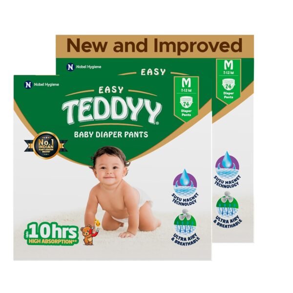 TEDDYY Baby Easy Medium Diaper Pants 148 Count (Pack of 2), 7-12 kgs, 12 hrs Leak Protection, Anti - Bacterial