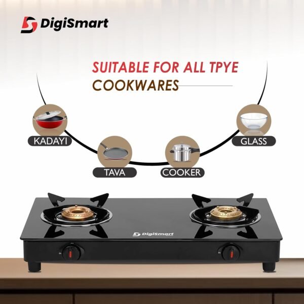 DIGISMART Gas Stove 2 Burners Toughened Glass Top | Spill Tray | Automation Ignition | Ergonomic Knobs | Tri-Pin Brass Burners Ignition Cooktop ISI Certified LPG Gas Stove come with 1 Year warranty