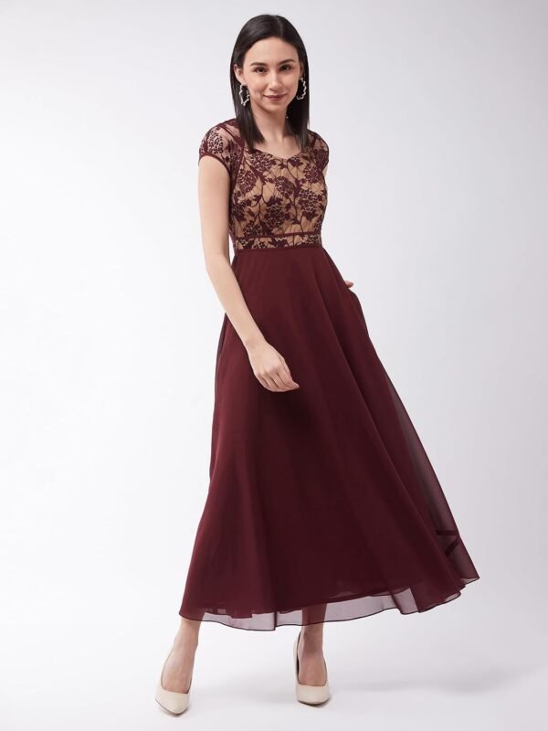 Miss Chase Women's Lavender & Wine V-Neck Cap Sleeves Floral Lace Fit & Flare Maxi Dress