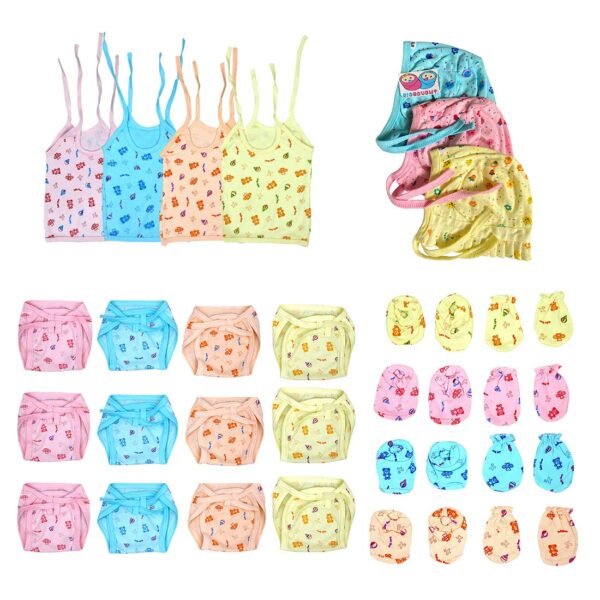 BIGBOUGHT Baby Care Combo Pack Of Zhabla (Vest) (4 Pieces), Mittens (Hand and Leg - 4 Pair), Nappy (Langot) (12 Pieces), Cap (3 Pieces), Hosiery Soft Cloth Material, 0-12 Months (Multicolor) (Assorted)