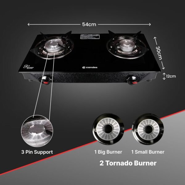Candes Gas Stove 2 Burners with Premium Gas Saver Tornado Burners | Manual Ignition 2 Burner Gas Stove | 6mm Toughened Glass Gas Chulha | LPG Gas Stove | ISI Certified | 1 Yr Warranty