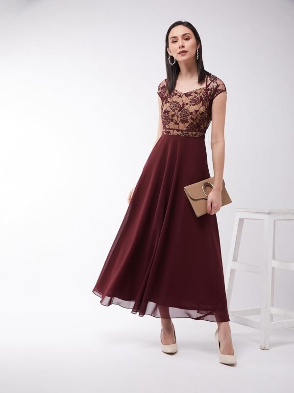 Miss Chase Women's Lavender & Wine V-Neck Cap Sleeves Floral Lace Fit & Flare Maxi Dress