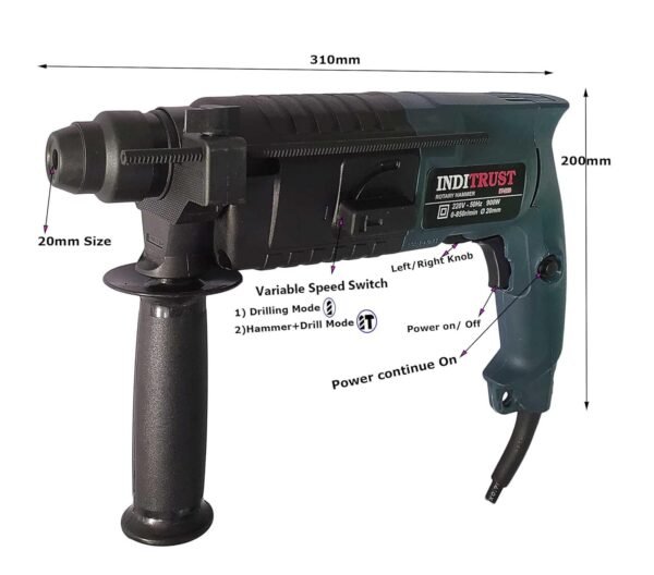 Inditrust 6 Month Warranty 900W 20mm Electric Hammer Machine with 3pc Hammer bit Left/Right Rotary Hammer Drill (Blue) 100% Copper Winding (BLUE)