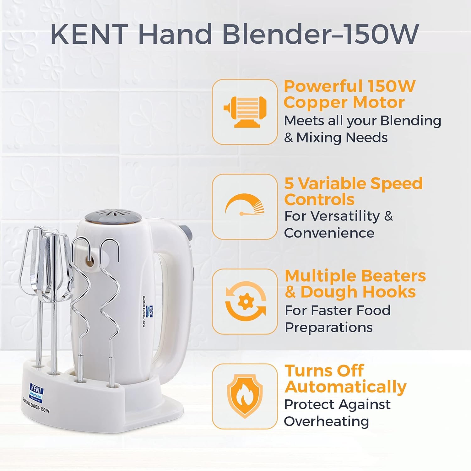 KENT 150W 16050, 5 Speed Control, Copper Motor, Multiple Beaters, Overheating Protection, Food Grade Plastic Body Hand Blender (White)