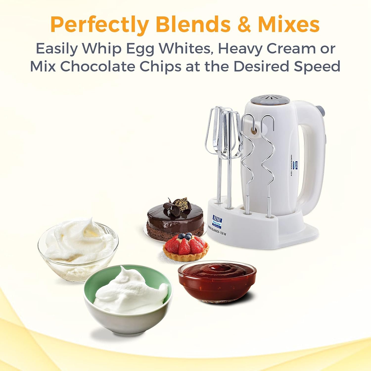 KENT 150W 16050, 5 Speed Control, Copper Motor, Multiple Beaters, Overheating Protection, Food Grade Plastic Body Hand Blender (White)