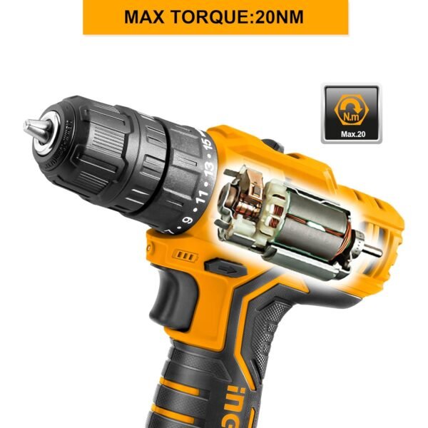 INGCO Drill Machine for home use, 12V Drilling Machine, Cordless Drill,With 2 PCS Batteries and charger