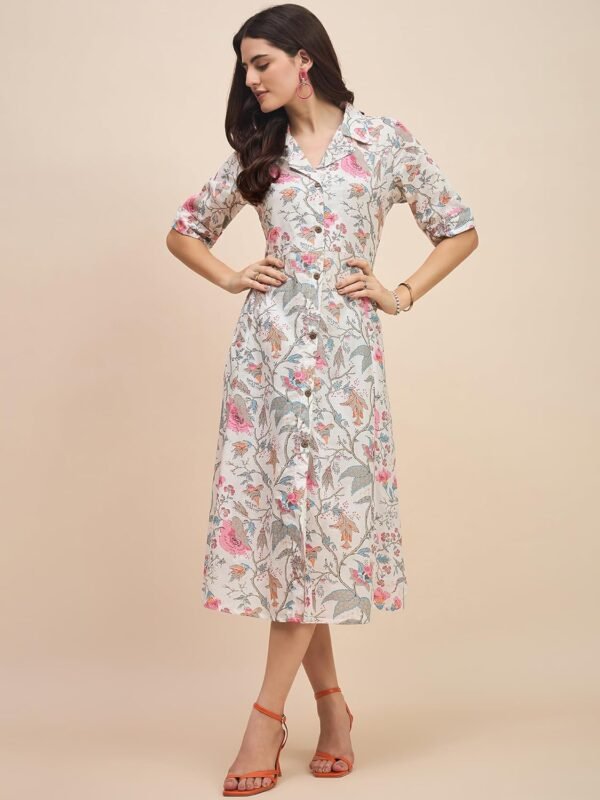 Kritanjya Western Dress || Cotton Solid Button Front Shirt Dress for Women || Roll Tab Sleeve & Collared Neck Flared Dress || Office || Summer Short Dresses for Women