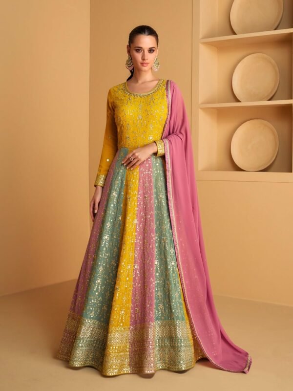 Miss Ethnik Women's Yellow Faux Georgette Stitched Top with Dupatta Full Sleeve Embroidered Anarkali Gown (ME-1183)