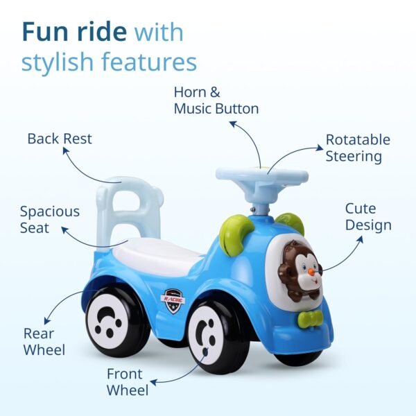 LuvLap Sunny Ride on & Car for Kids with Music & Horn Steering, Push Car for Baby with Backrest, Safety Guard, Under Seat Storage & Big Wheels, Ride on for Kids 1 to 3 Years Upto 25 Kgs (Blue)