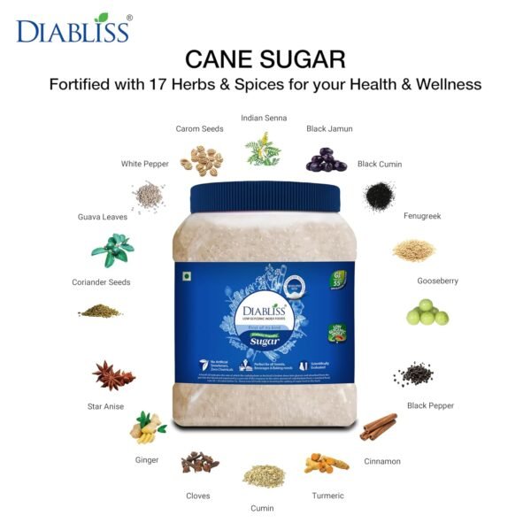 Diabliss Diabetic Friendly Herbal Cane Sugar - Free from Chemicals / Artificial Sweeteners - Low Glycemic Index (GI) Diet - Clinically Tested Healthy Natural Substitute For Diabetes / Blood Glucose Management - 1.75Kg Reusable Jar