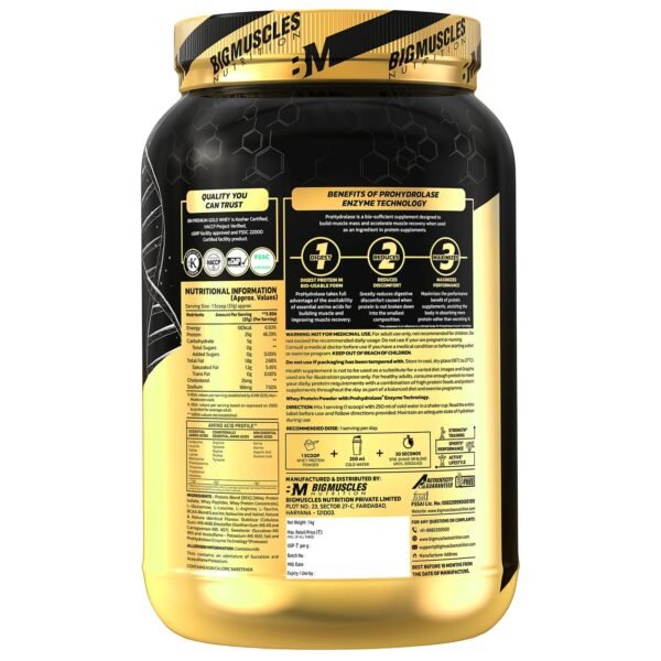 Bigmuscles Nutrition Premium Gold Whey [1Kg] | Informed Choice UK Certified | Isolate Whey Protein Blend | 25g Protein | 11g EAA | ProHydrolase Enzyme Technology [Chocolate]