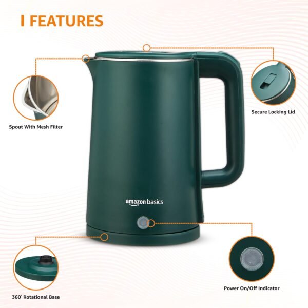 Amazon Basics 1.5L Cool Touch Electric Kettle | 1500 Watt | Stainless Steel Body | Auto Cut-Off | Triple Safety Protection (Green)