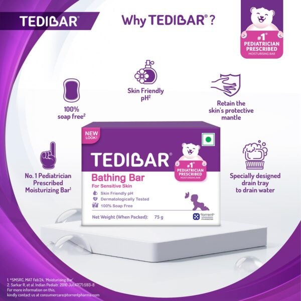 Tedibar Moisturising Baby Bathing Bar 75g (Pack of 1) 100% Soap Free No. 1* Pediatrician Prescribed Moisturising Bar - By Torrent Pharma