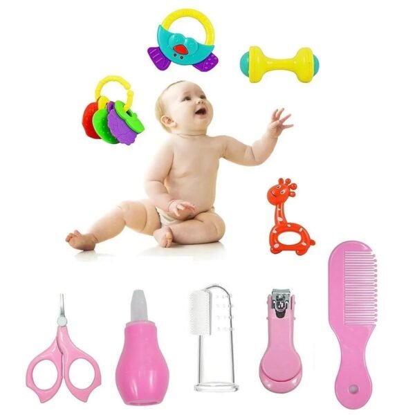 utsub New Born Grooming kit,Gift Set, Healthcare, Baby Care Baby Finger Teeth Brush Comb Set with Soft Toy Rattle Hair Care Products for Babies & Infants 0-12 Months (Pack of 9, Pink)