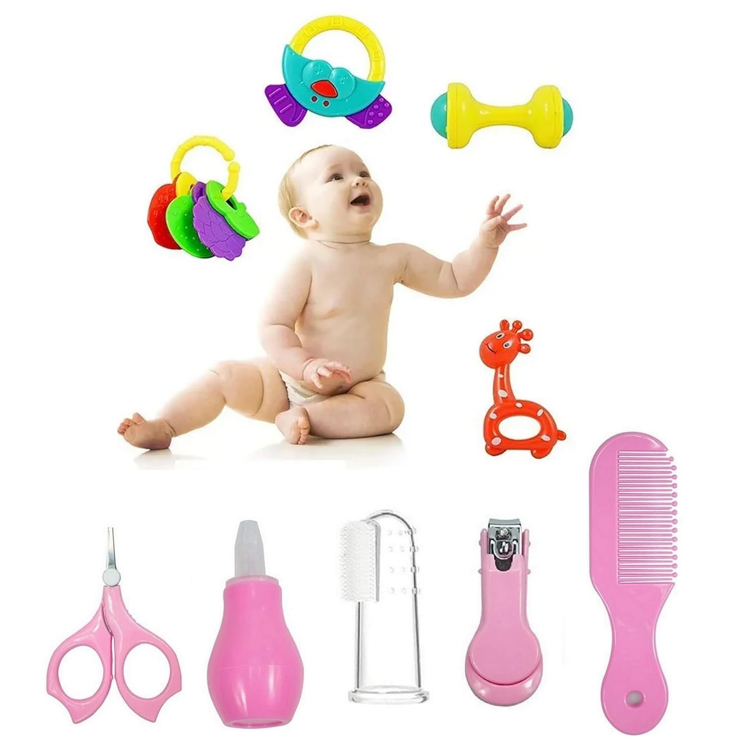 utsub New Born Grooming kit,Gift Set, Healthcare, Baby Care Baby Finger Teeth Brush Comb Set with Soft Toy Rattle Hair Care Products for Babies & Infants 0-12 Months (Pack of 9, Pink)