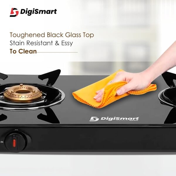 DIGISMART Gas Stove 2 Burners Toughened Glass Top | Spill Tray | Automation Ignition | Ergonomic Knobs | Tri-Pin Brass Burners Ignition Cooktop ISI Certified LPG Gas Stove come with 1 Year warranty