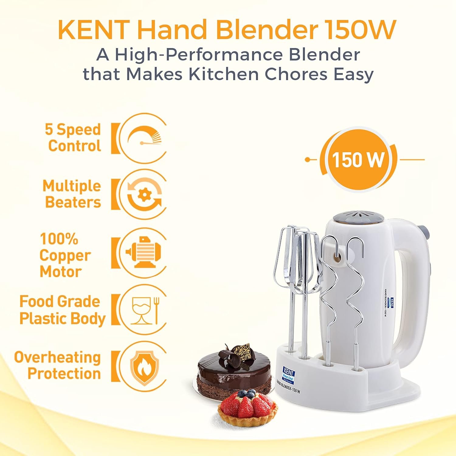 KENT 150W 16050, 5 Speed Control, Copper Motor, Multiple Beaters, Overheating Protection, Food Grade Plastic Body Hand Blender (White)