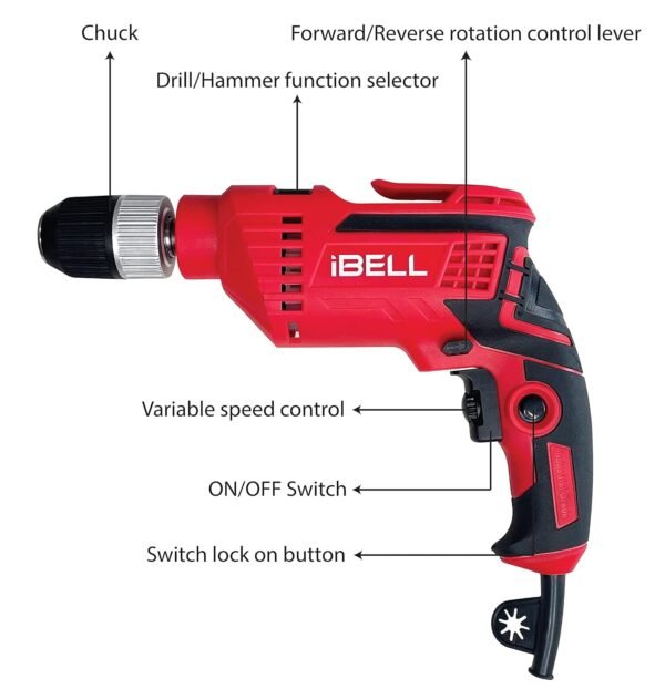 IBELL Impact Drill ID13-80, 650W, Copper Armature, Chuck 13mm Keyless Auto, 2800 RPM, 2 mode selector, Forward/Reverse with variable speed