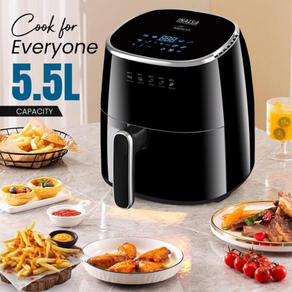 Inalsa Air Fryer For Home|5.5 L Capacity|1600 W With Smart Aircrisp Technology|Quick Heat Circulation|4-In-1 Appliance With 8 Preset Menu & Digital Display,Tasty Fry 5.5, Black