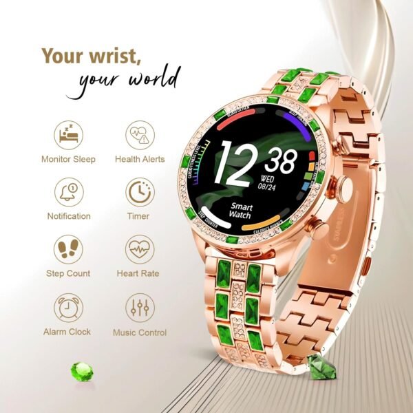 PunnkFunnk GEN 12 Biggest Display Luxury Stainless Steel Smart Watch for Women, Girls with Bluetooth Calling, Voice Assistant & 100+ Sports Modes, 24/7 Heart Rate Tracking (Green)(Made by MELBON)