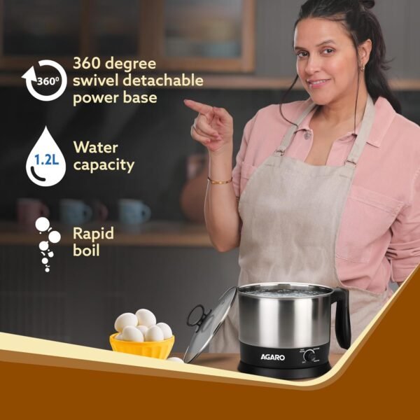 AGARO Esteem Electric Multi Kettle 1.2L, 600W, with Stainless Steel Body, Egg Rack, Grill Rack, 3 Heating Modes & Rapid Boil Technology, Boiling Water and milk, Tea, Coffee, Oats, Noodle, Soup